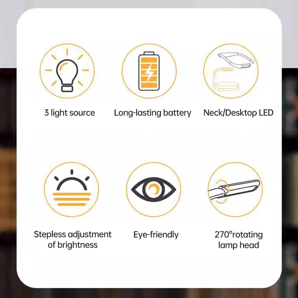 Neck Reading Light Rechargeable Book Light with 3 Color Adjustable Brightness Eye friendly Desk Lamp Bendable Arms