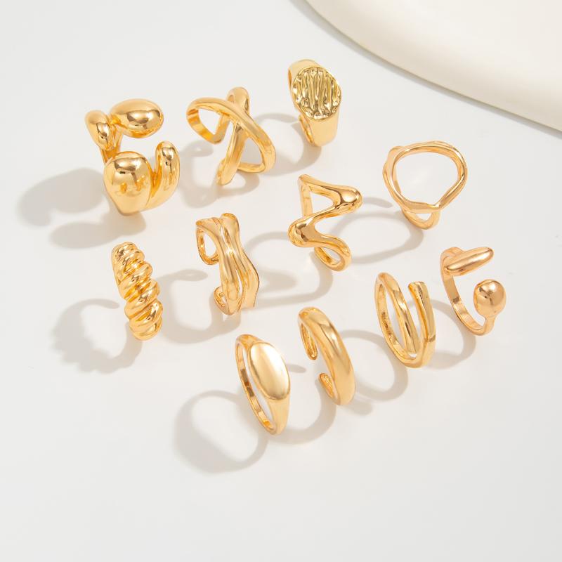1Set Irregular Glossy Metal Open Rings For Women Vintage Punk Gold Silver Color Personality Finger Ring Female Jewelry
