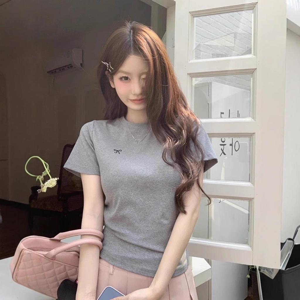 Women's 2025 Korean Style Bowknot Embroidered Slim Fit T-Shirt, Short Sleeve, Round Neck
