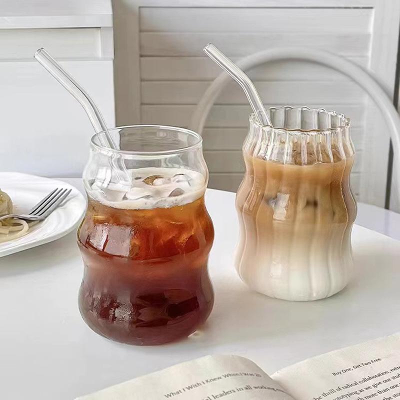 4/6PCS INS Glass Cup Heat-resistant Tumbler Drinkware Transparent Tea Juice Milk Coffee Mug Stripe Beer Mug Party Gift