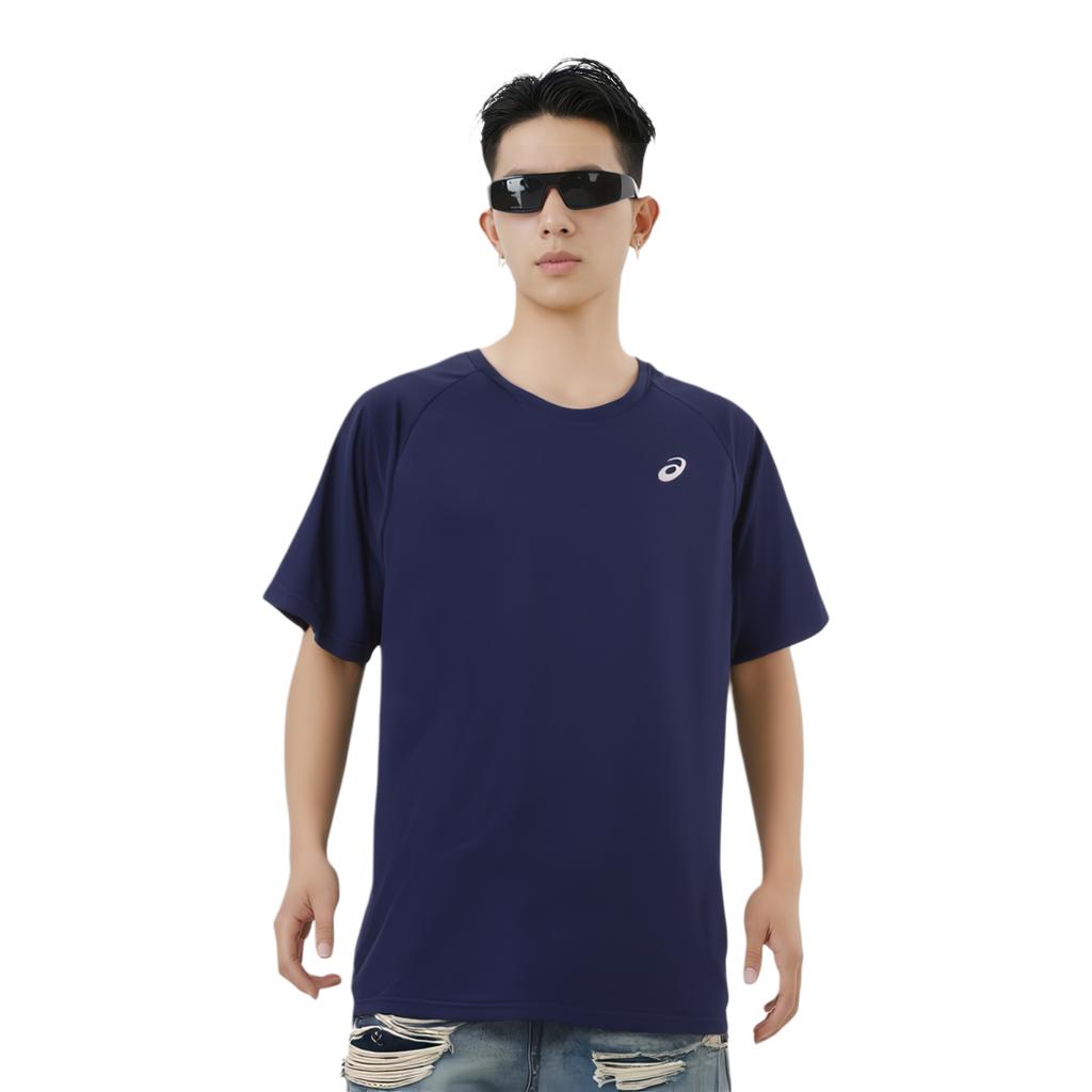 Asics Solid Color Outdoor Casual Sports Crew Neck Short Sleeve T-Shirt Men Tops Navy-Blue 2011C701-400