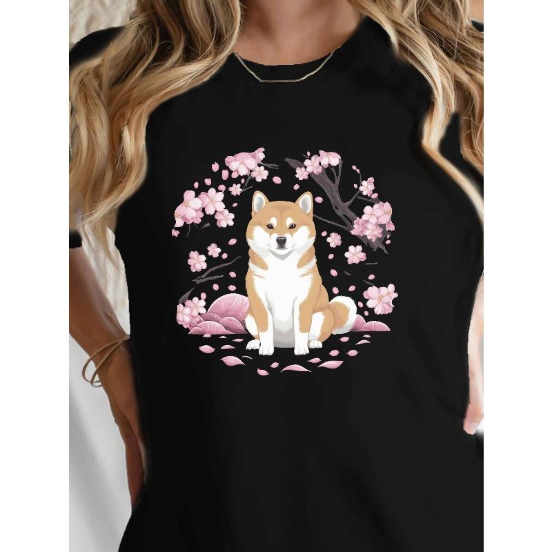 

Womens Shiba Inu Cherry Blossom Print Short Sleeve Crew Neck Casual Tee 4XL чорний