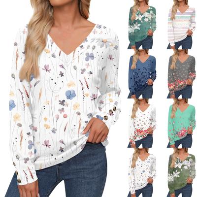 Women's Tops Floral Print Long Sleeve Shirt V Neck Casual Loose Tee Autumn Clothing