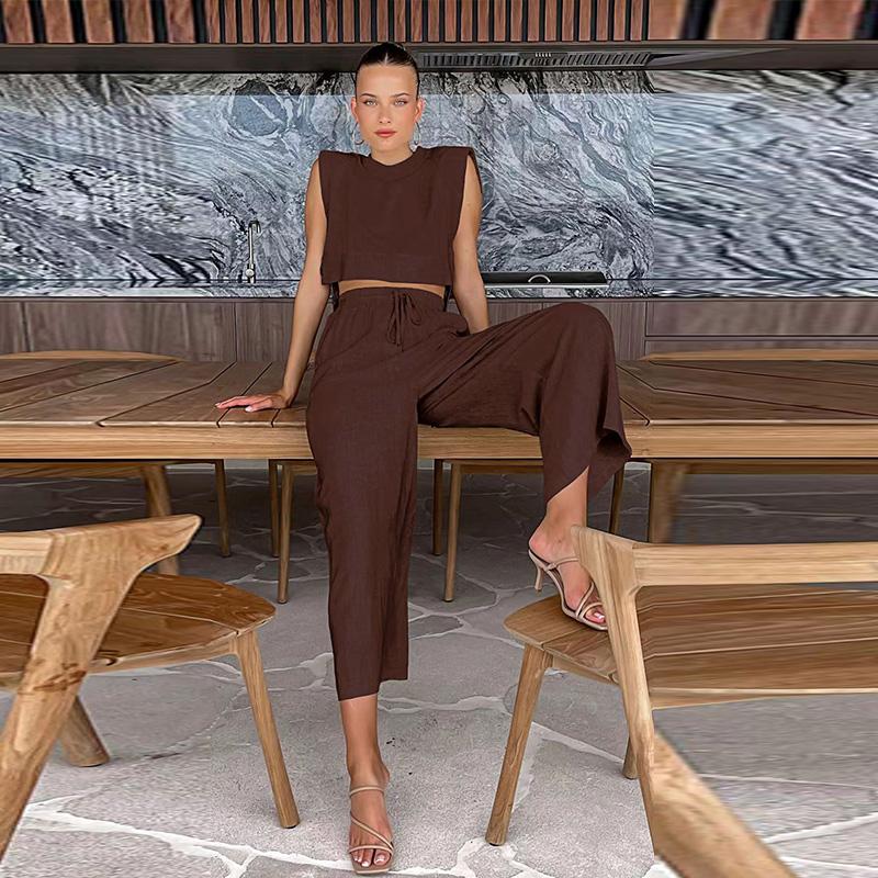 

Однотонные женские брючные костюмы со шнуровкой, топ без рукавов с круглым вырезом, широкие брюки с карманами, летние женские комплекты L коричневый