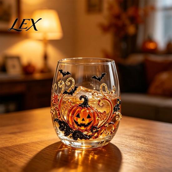 Day of The Dead Decor Halloween Ghost Whiskey Glass, Black Cat Spider Net Skull Tumbler for Gothic Home Cocktail, 350ml Spooky Drinkware Bar, Festive