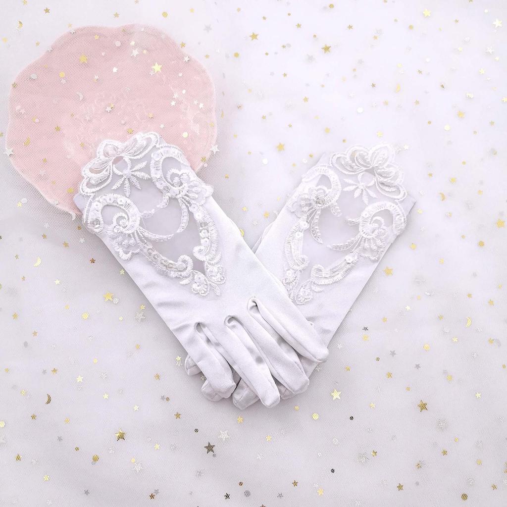 Children's Lace Beaded Satin Stretch Flower Girl Dress with Gloves for Weddings and Performances.