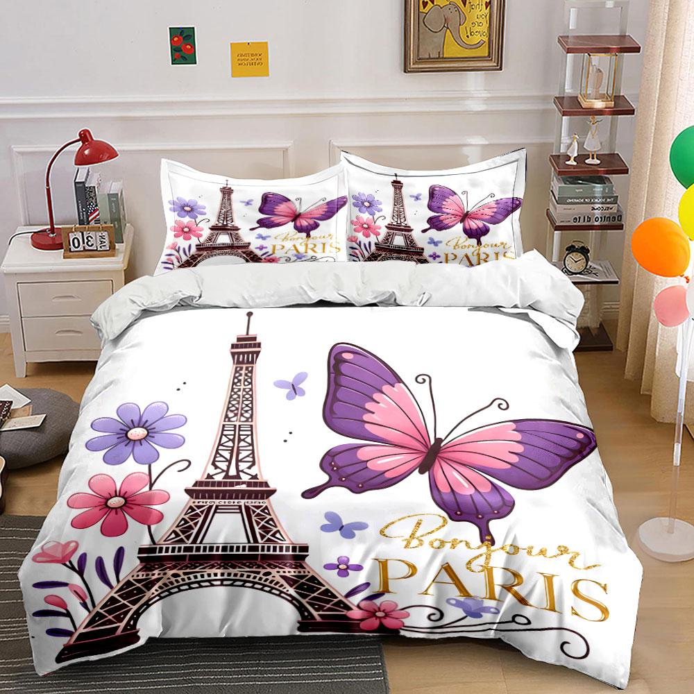 Eiffel Tower Butterfly Design Bedding Duvet Cover Set (1*Duvet Cover 2*Pillowcases, without duvet insert)