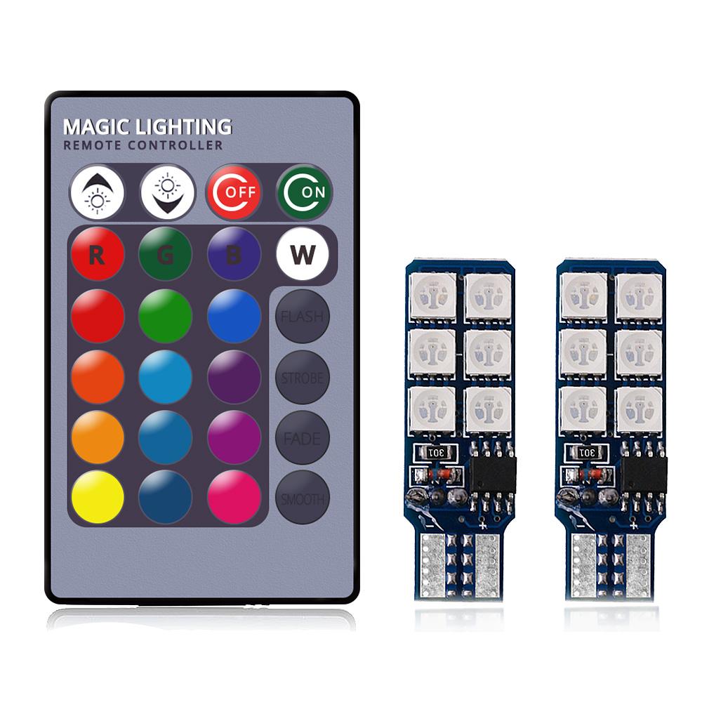 2X Auto Interior Decoration LED T10 W5W Atmosphere Car Light RGB Remote Controller Colorful Reading Door Side Marker Tail Backup 2 Lamp With Control