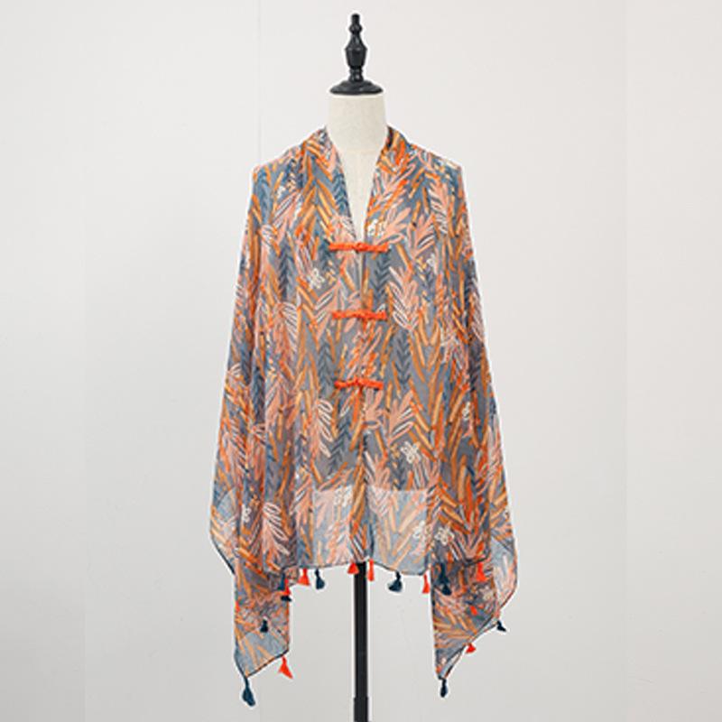 "Summer Ethnic Style Cotton-Linen Shawl: Handmade Retro Button Sunscreen Beach Cover-Up"