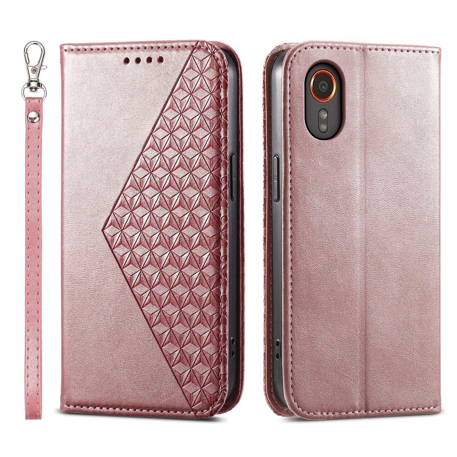 

For Samsung Galaxy Xcover7 Case PU Leather+TPU Rhombus Imprinted Cell Phone Stand Cover Rose Gold