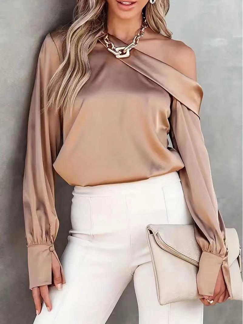 

Женская осенняя красная атласная рубашка с длинным рукавом и открытыми плечами - Элегантный нишевый дизайн S розового золота