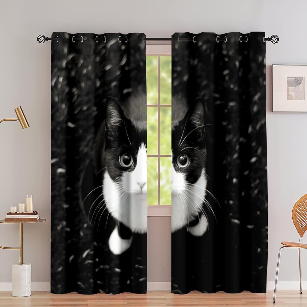 2pcs Medieval Abstract Cat Kitchen Curtains Tiers Funny Cute Animal Bohemian Leaves Modern Minimalist Art Office Cafe LivingRoom