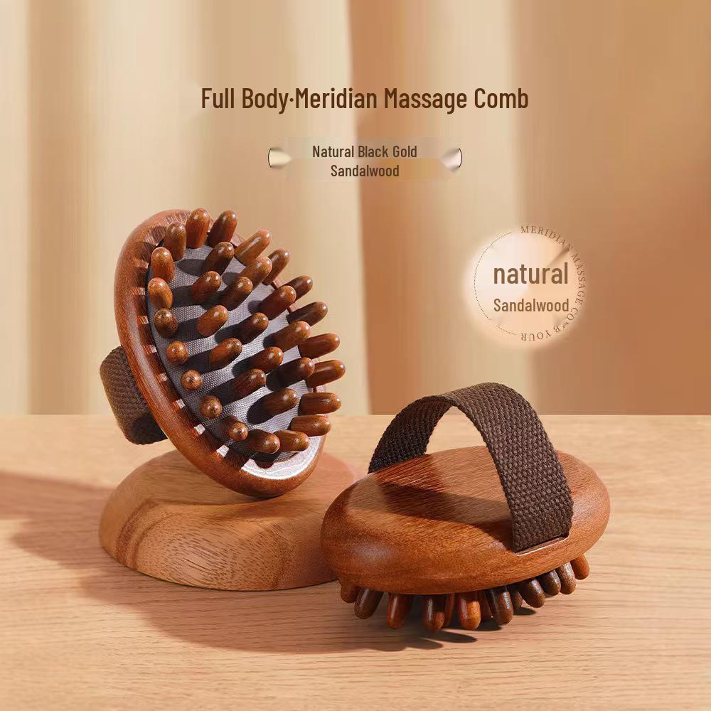 Golden Sandalwood Massage Comb 4-in-1: Meridian Comb, Gua Sha Tool, Scalp Massager.
