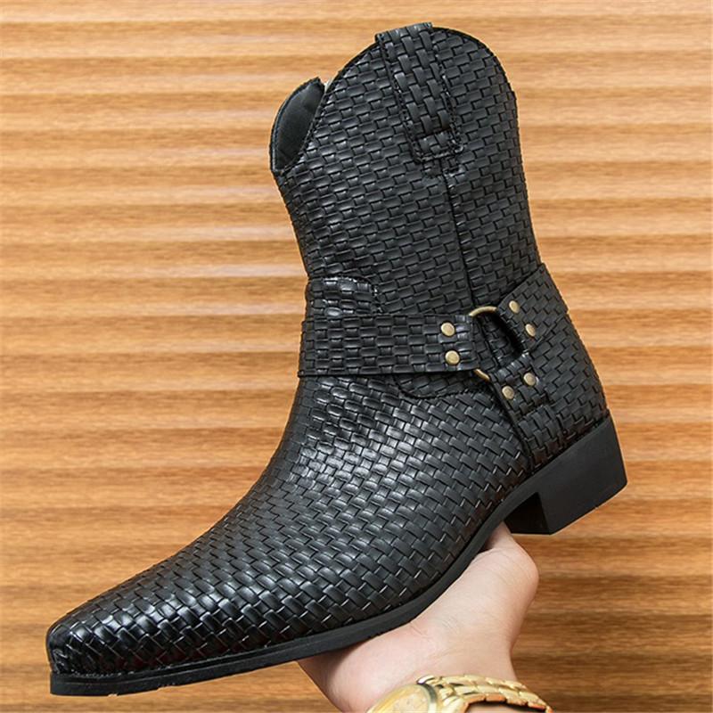 New Winter Fashion Pointed Toe Knit Pattern Chelsea Ankle Boots Men's Casual Luxury Brand High-top Shoes Zapatos Hombre