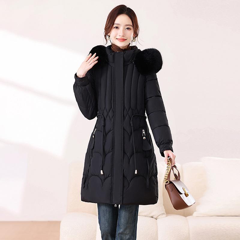 New winter long women's slim-fitting cotton-padded clothes, thin waist thickened cotton-padded clothes, fur collar cotton-padded jacket, women's