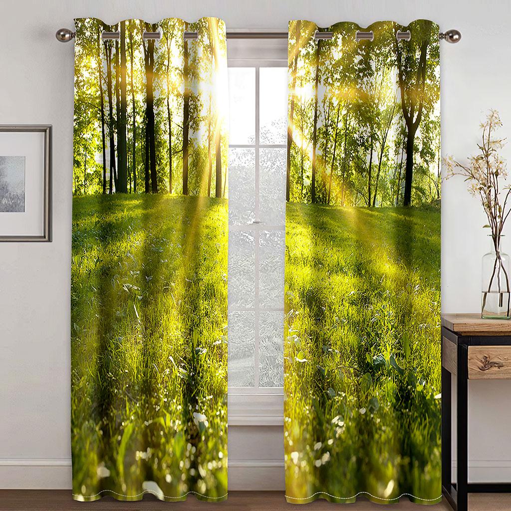 3D Forest Maple Leaf Natural Scenery Sunset Green Trees Design Thin 2 Pieces Curtains for Living Room Bedroom Window Drape Decor