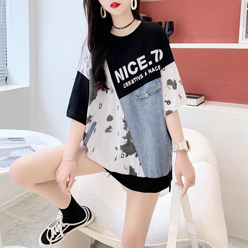 Women's Mid-Length 2025 Denim Patchwork Cotton T-Shirt - Plus Size, Short Sleeve, Round Neck for Summer