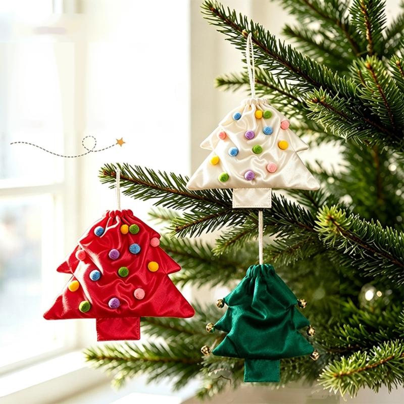 Soft Fabric Christmas Treat Bag Tree Ornament with Pull Cord Opening for Small Gifts and Holiday Table Display