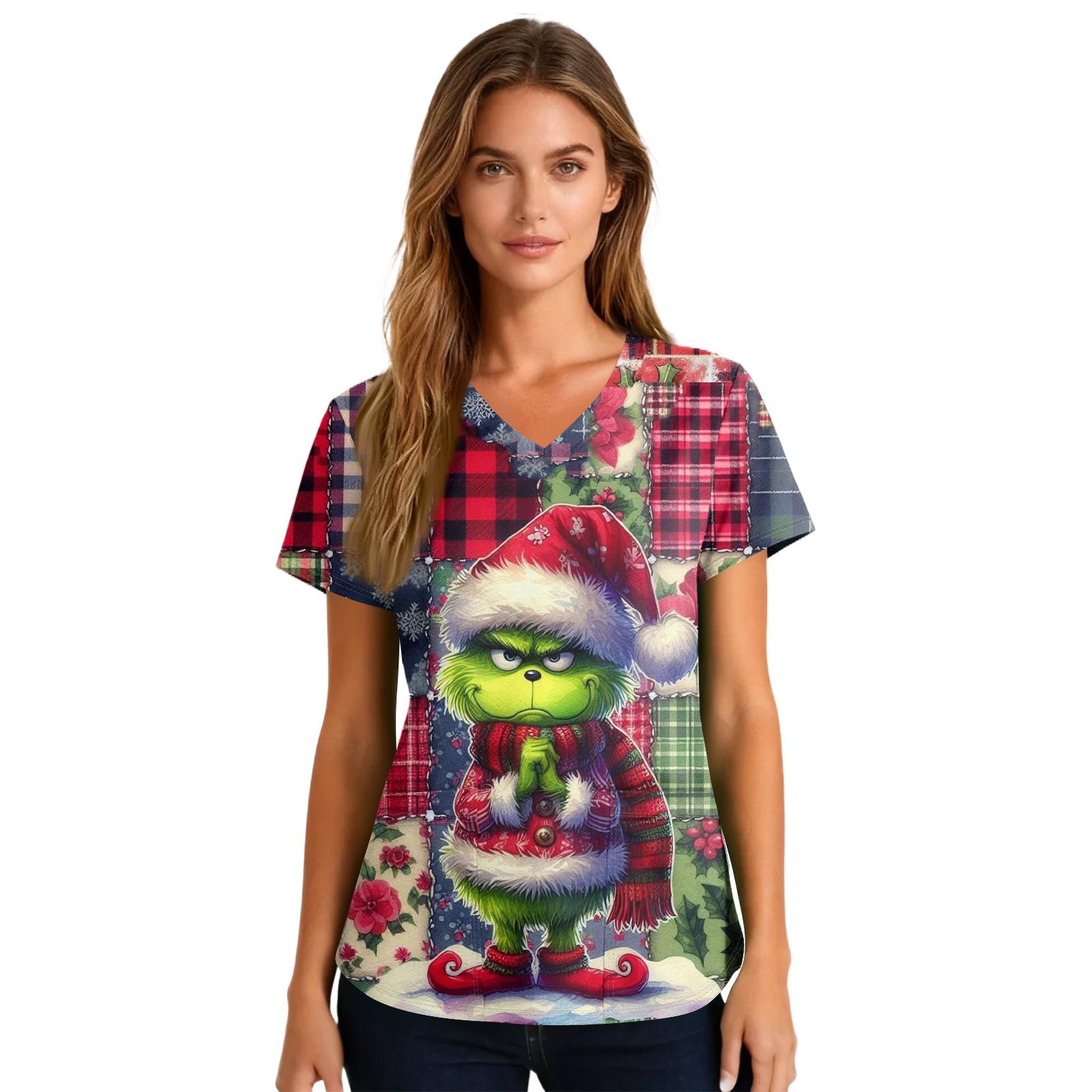 

Women s Cute Printed Work Clothes V-neck Double Layer Pockets Basic Short Sleeve Top Pullover Valentines XXL киноварь