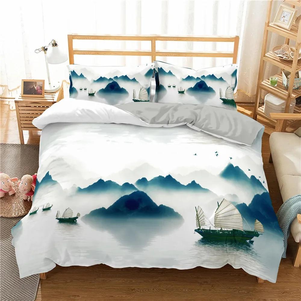 Comforter Ink Painting King Queen Chinese Landscape Painting Bedding Set Adults Idyllic Scenery Mountain Polyester