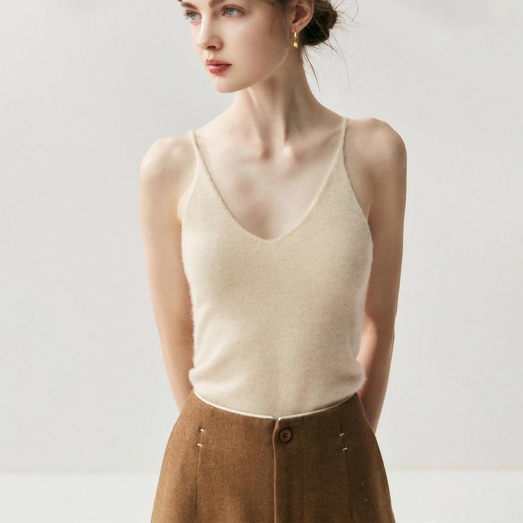Versatile Women's V-Neck Cashmere Knit Camisole - Slim Fit, Thin Straps
