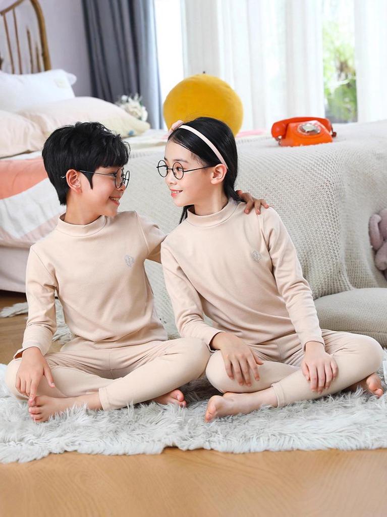 Kinder Thermo-Set mit gebürsteter Innenseite und mittelhohem Kragen: Warmes einfarbiges Oberteil & Unterteil für Jungen und Mädchen