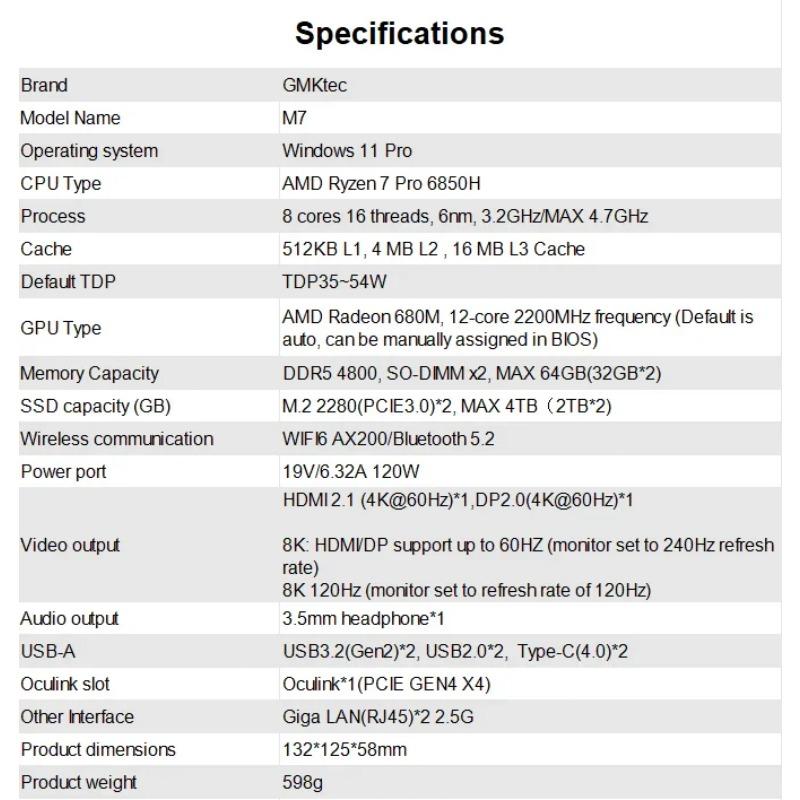 GMKtec M7 Mini PC R7 PRO 6850H Windows 11 Pro DDR5 4800MHz NVMe PCIe 3.0 WiFi 6 BT5.2 USB4.0 2 Fans 70W TDP Oculink Port Gaming