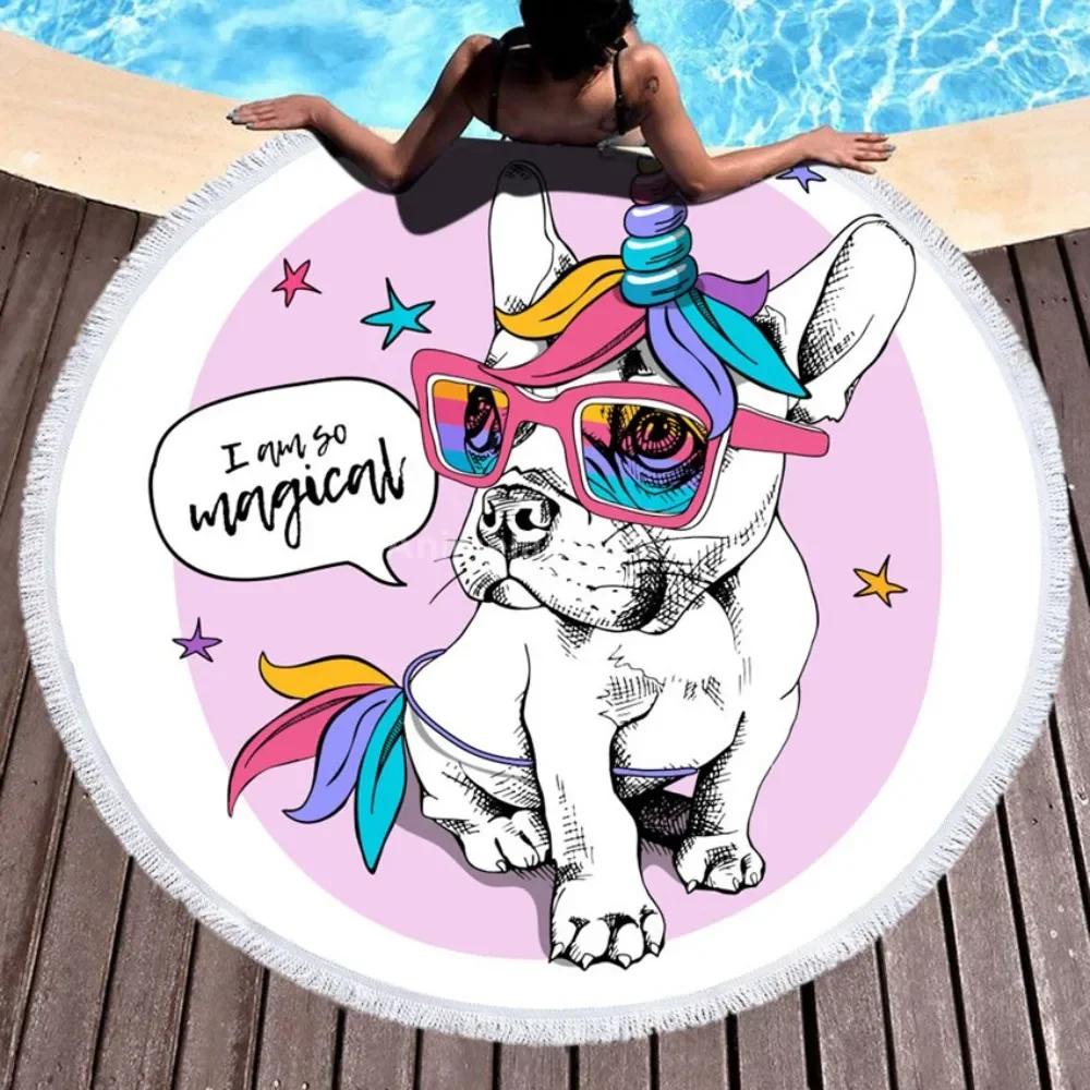 Black 3D Tiger Round Beach Towel Animal Theme Bath Towel Microfiber Fabric Size Swimming Travel Sport Adult Beach Towel