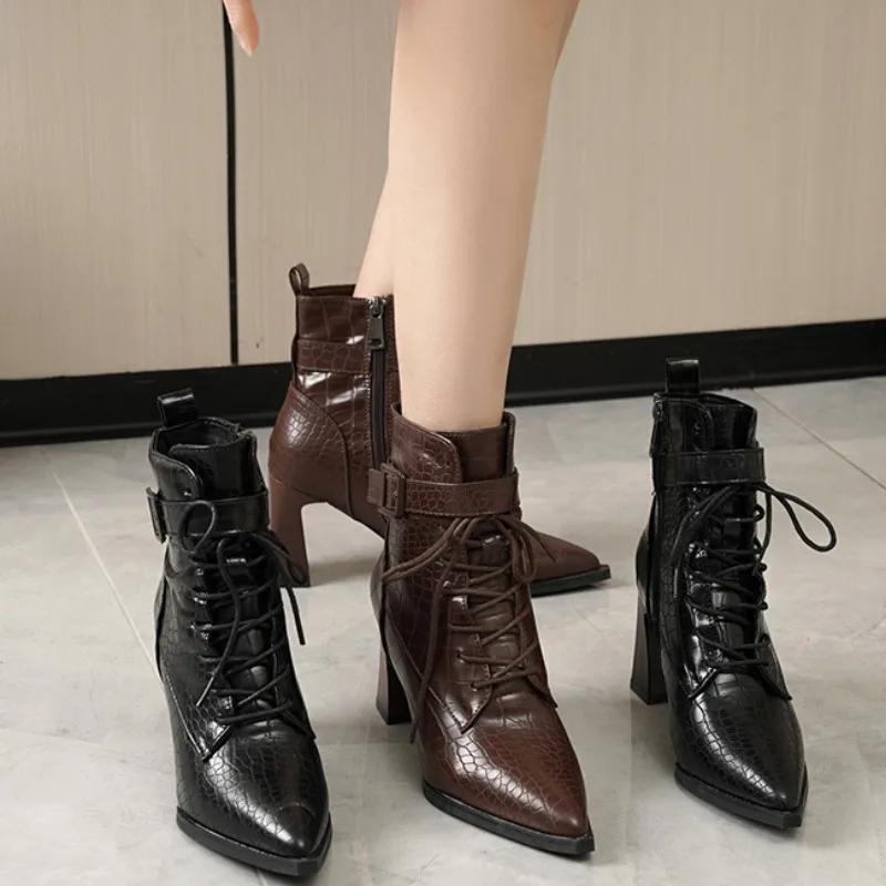 Shoes Female 2024 Fashion Hot  Ankle Women's Boots Modern Boots Women Sewing Buckle Pointed Toe High Heels Side Zip Ladies Shoes