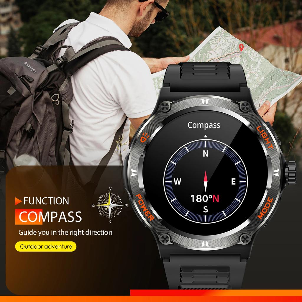 Outdoor Military Smart Watch Men LED Strong Light AMOLED Screen Heart Rate Compass Bluetooth Call 3ATM Waterproof Smartwatch