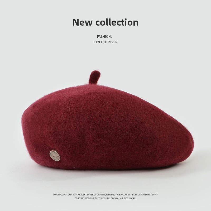 Wool Beret Hat Women's Autumn and Winter Big Head Circumference British Retro Octagonal Painter Hat