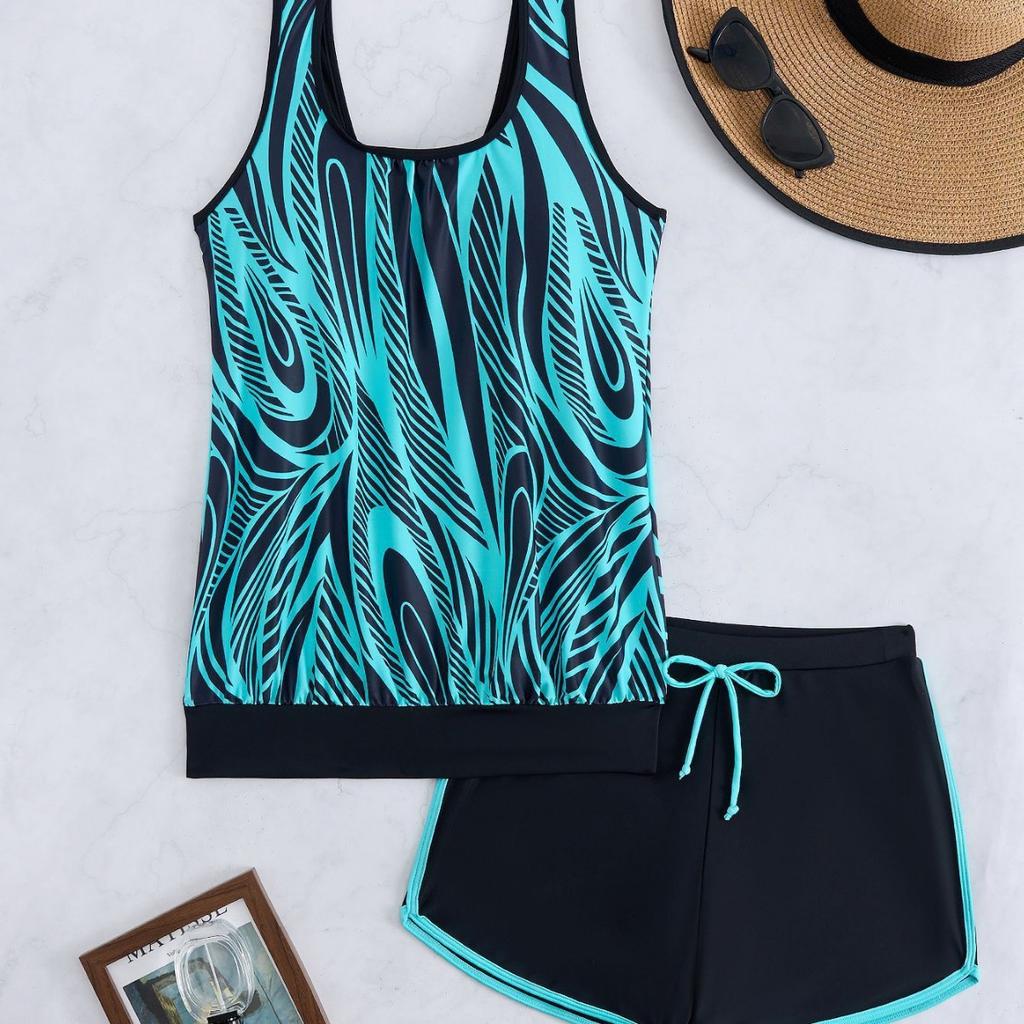 Women's High Waist Cross Back Tankini, Tight Quick Dry 2 Piece Swimsuit with Boyshorts