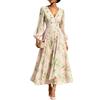 Women's Floral Print V-Neck Long Sleeve Dress with Pleated Skirt and Cinched Waist