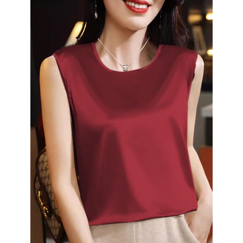 

Женская майка-камисоль из атласного шелка с круглым вырезом, весна/лето 2024 - универсальный однотонный топ M красный