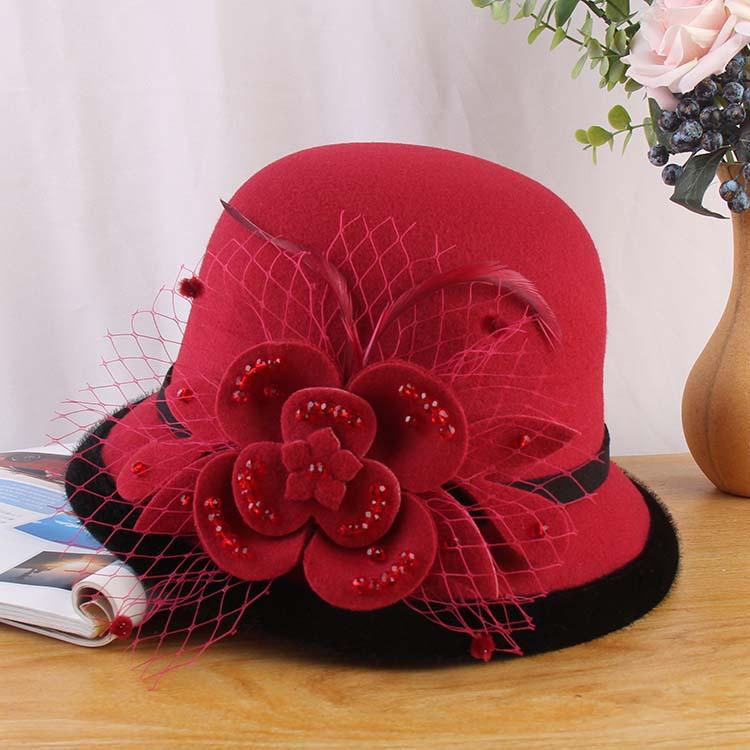 2023 European And American Woolen Top Hat Bucket Hat Women'S Handmade Mesh Flower Felt Hat Autumn And Winter Warm Basin Hat