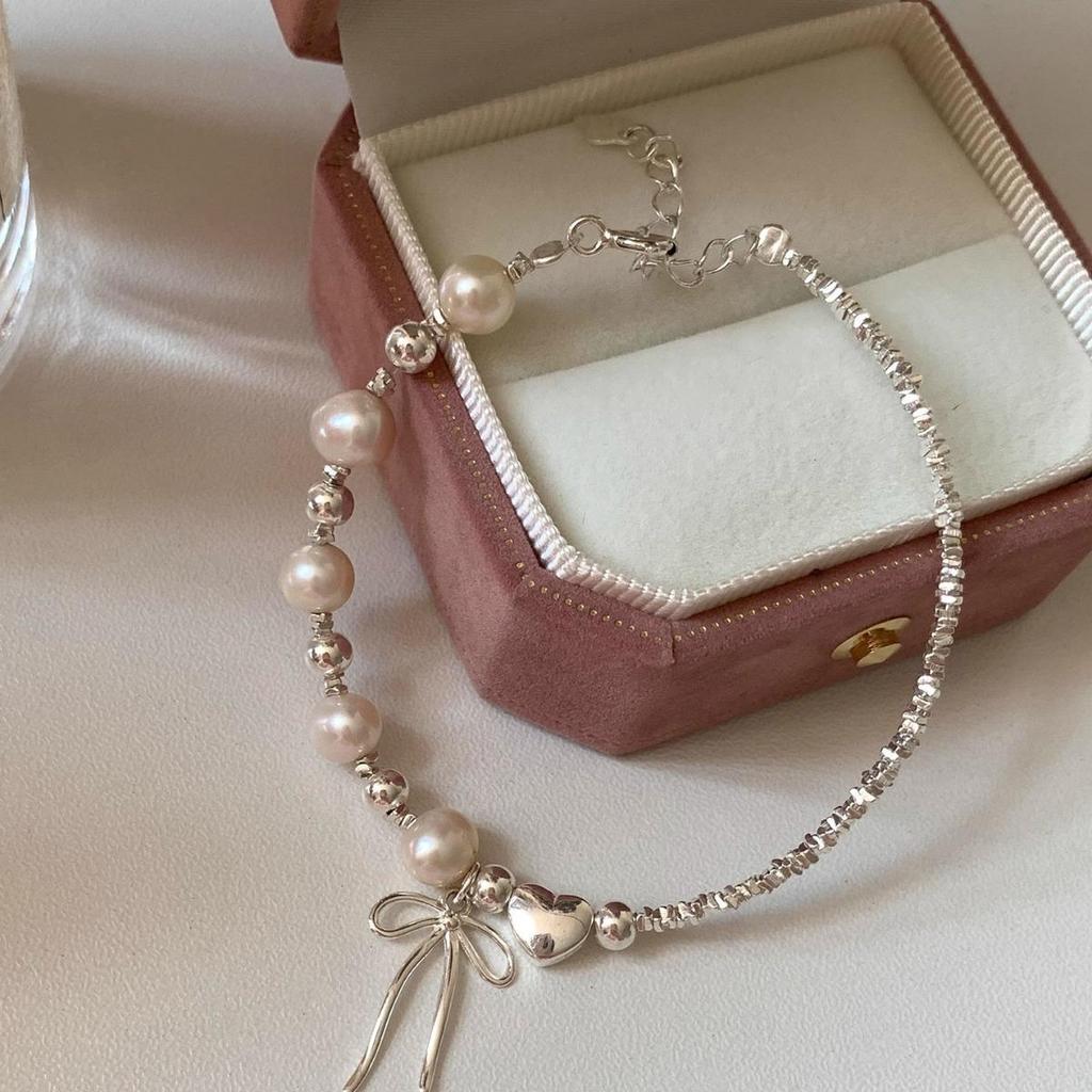 Minimalist Luxury: S925 Sterling Silver Pearl Bow & Heart Bracelet for Women