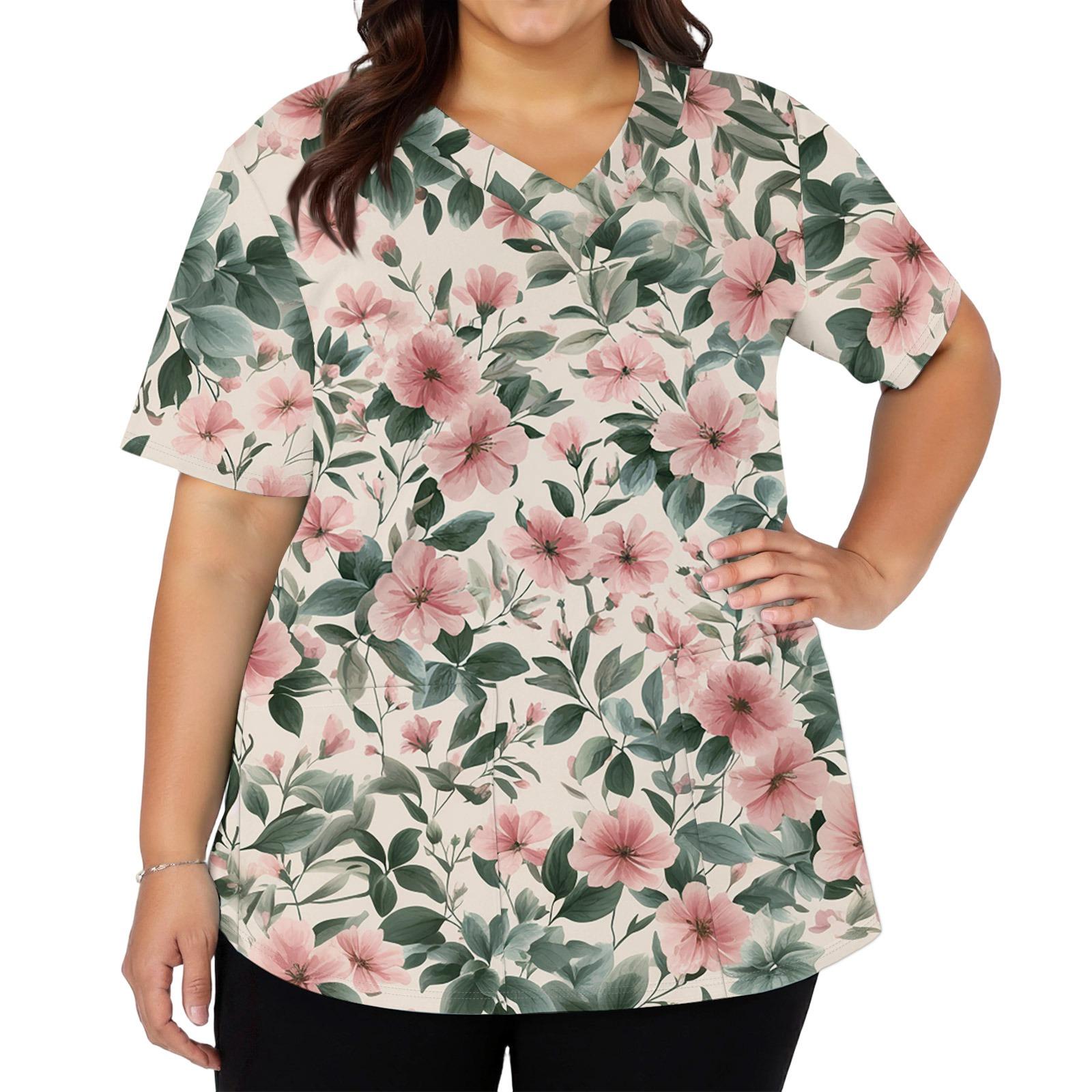

Women s Fashionable V-neck Short-Sleeved Work Top With Double Side Slits And Pockets, Featuring A Retro Floral Print. XXXL чорний