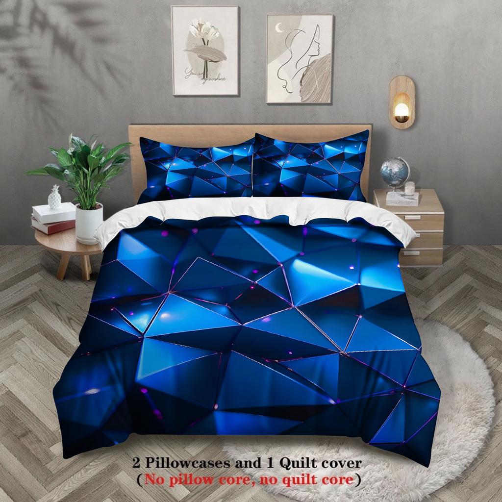 Blue Geometric Polygon Duvet Cover Set 3D Crystal Texture Bedding For Tech Lovers Bedroom Twin Queen King Size With 2 Pillowcase