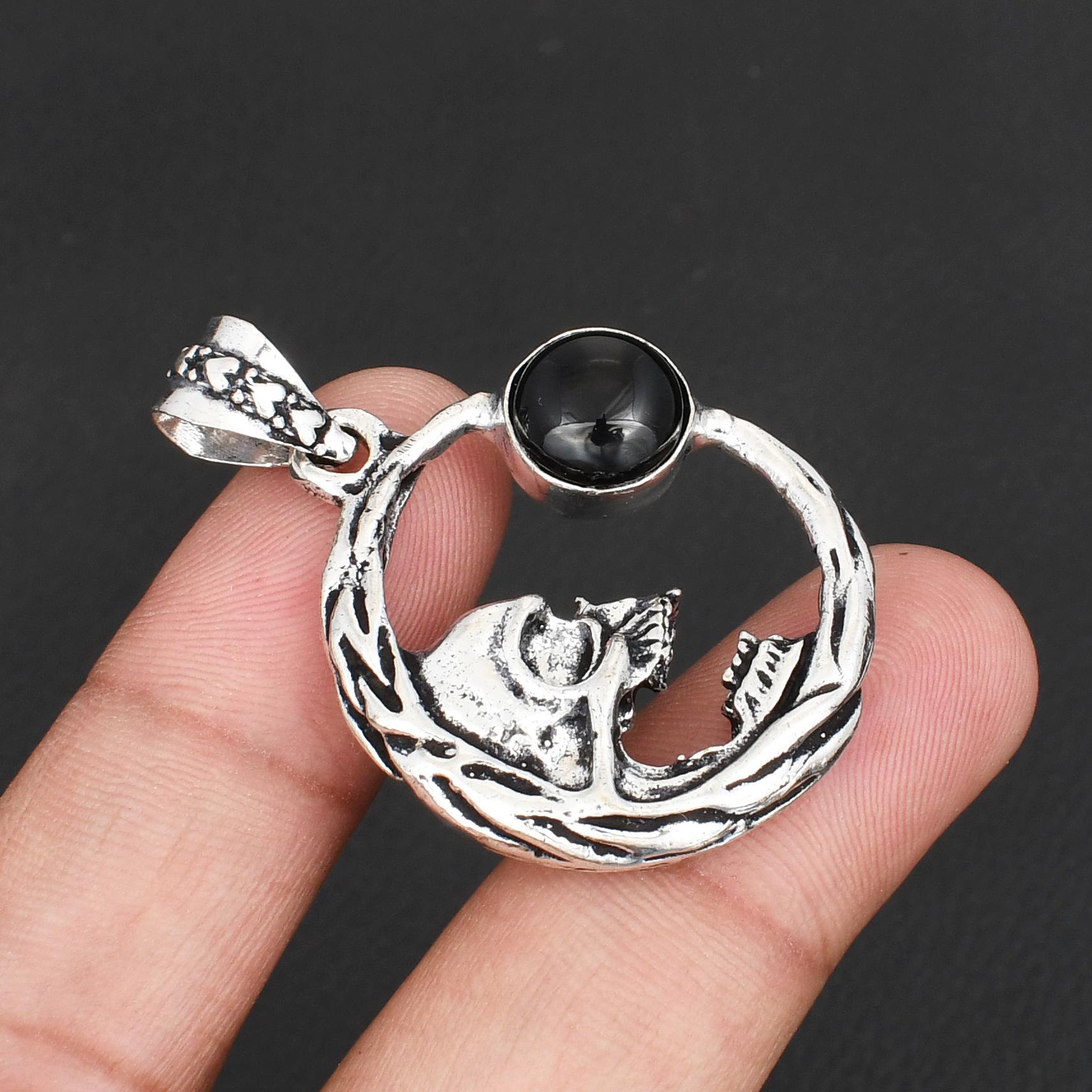 

Handmade 925 Sterling Silver Skull Moon Pendant with Black Onyx Gemstone - Gothic Jewelry for Men and Women