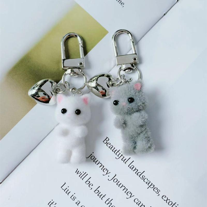 Flocking Cat Pendant Keychain Kitten Heart Shaped Key Ring Jewelry Earphone Charms Bag Decors Car Keys Holder For Couple Gift