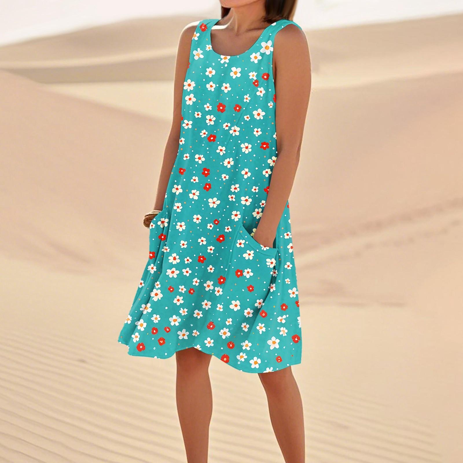 

Print Dresses For Women Loose Beach Vacation Casual Sleeveless Sundresses With Pockets Tank Dress XL