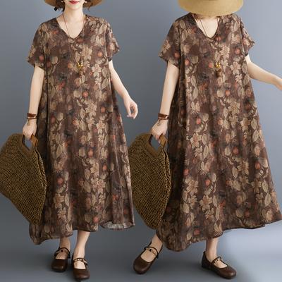 DIMANAF Neues 2026 Damen Übergröße Sommer Strand Langes Kleid Druck Vintage Sommerkleid Locker Freizeit Maxi Damenkleid