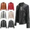 Women Faux Leather Biker Jacket Ladies Stand Collar Zip Coat Outwear