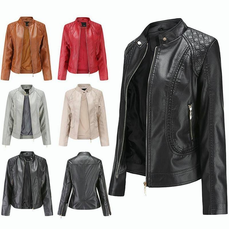 Women Faux Leather Biker Jacket Ladies Stand Collar Zip Coat Outwear