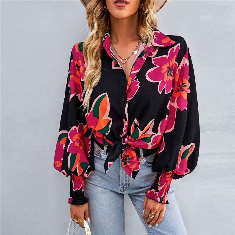 Women's Spring 2025 Long-Sleeve Print Shirt with Turn-Down Collar and Lantern Sleeves