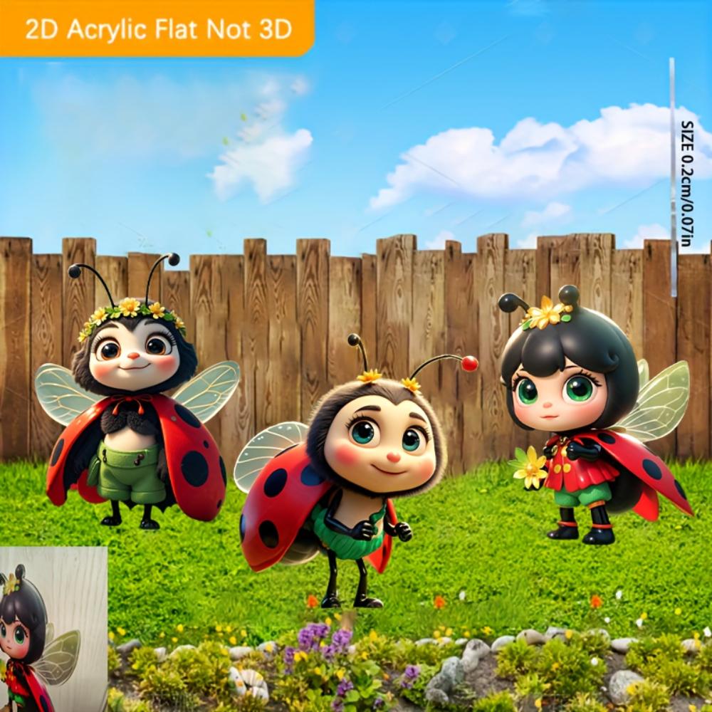 3Pcs Cute Ladybug Flat 2D Acrylic Garden Decor, Ideal for Outdoor Lawn, Planters, Yard & Garden, Durable & Perfect Gift Choice