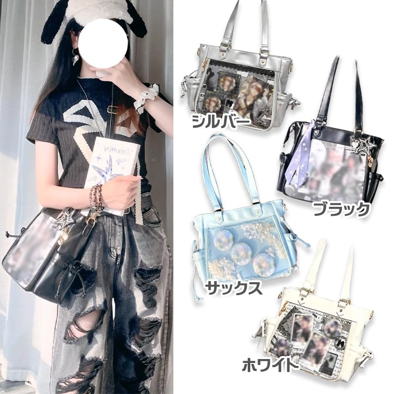 Seraphim Faux Leather Ita Bag with Side Pockets, Perfect for Otaku Activities, G.trigger, Ita Bag, Clear Bag, Transparent, Black [Parallel Import]