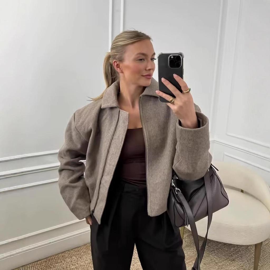 European & American Women's Fashion Casual Pleated Zipper Wool Jacket