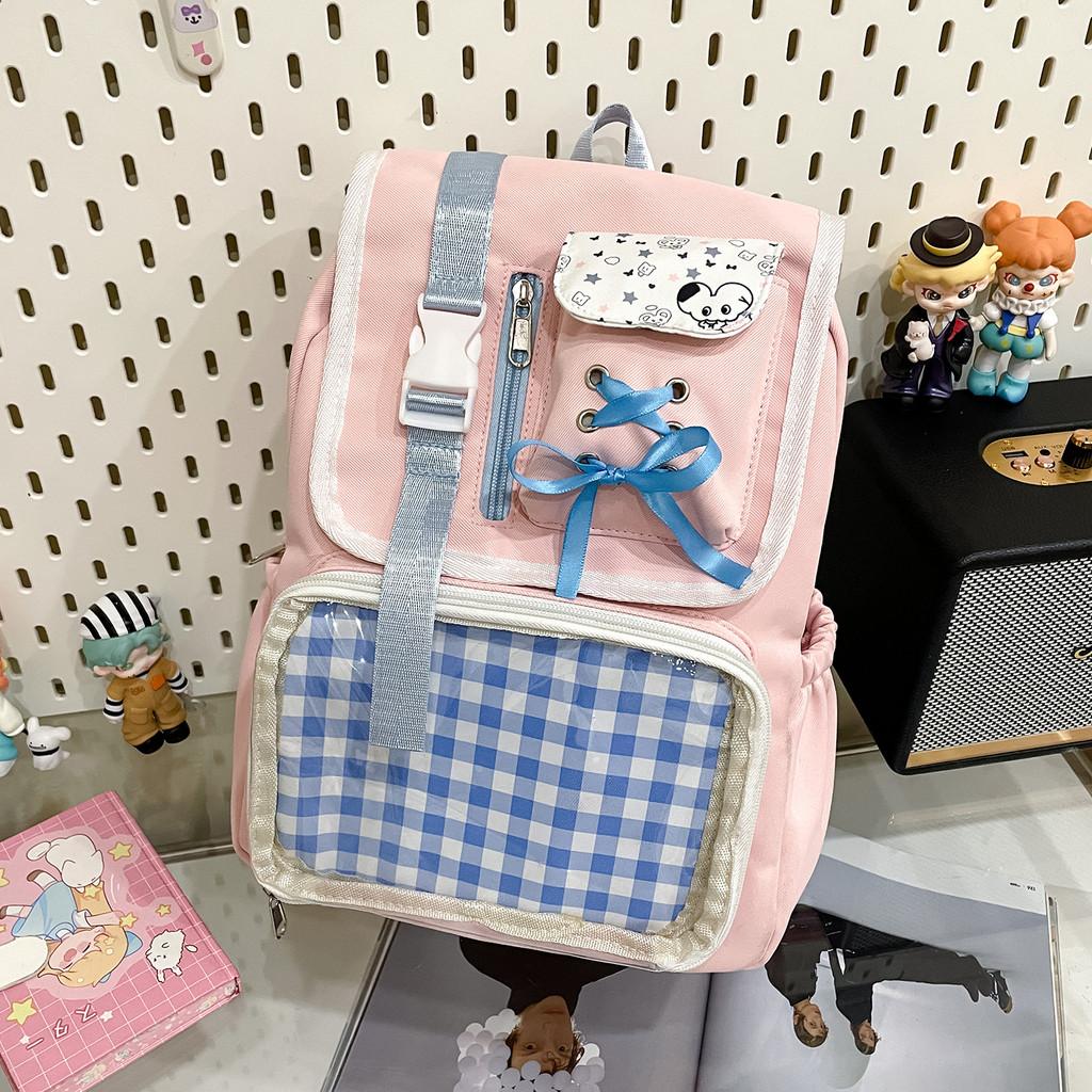 Designed Backpack Minimally With Grid Print And Bow Decoration For Daily