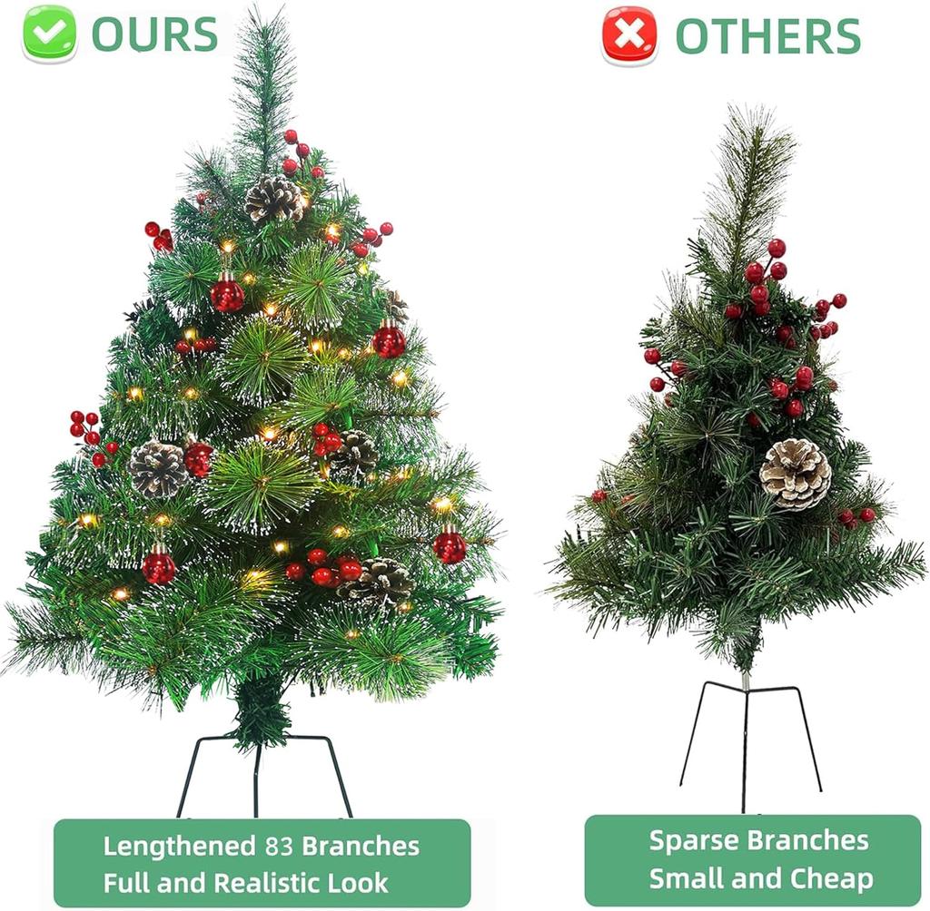 2 Pack 30' Pre-Lit Artificial Christmas Trees with Lights, Battery Operated, for Porch, Yard, Driveway, Red Ornaments